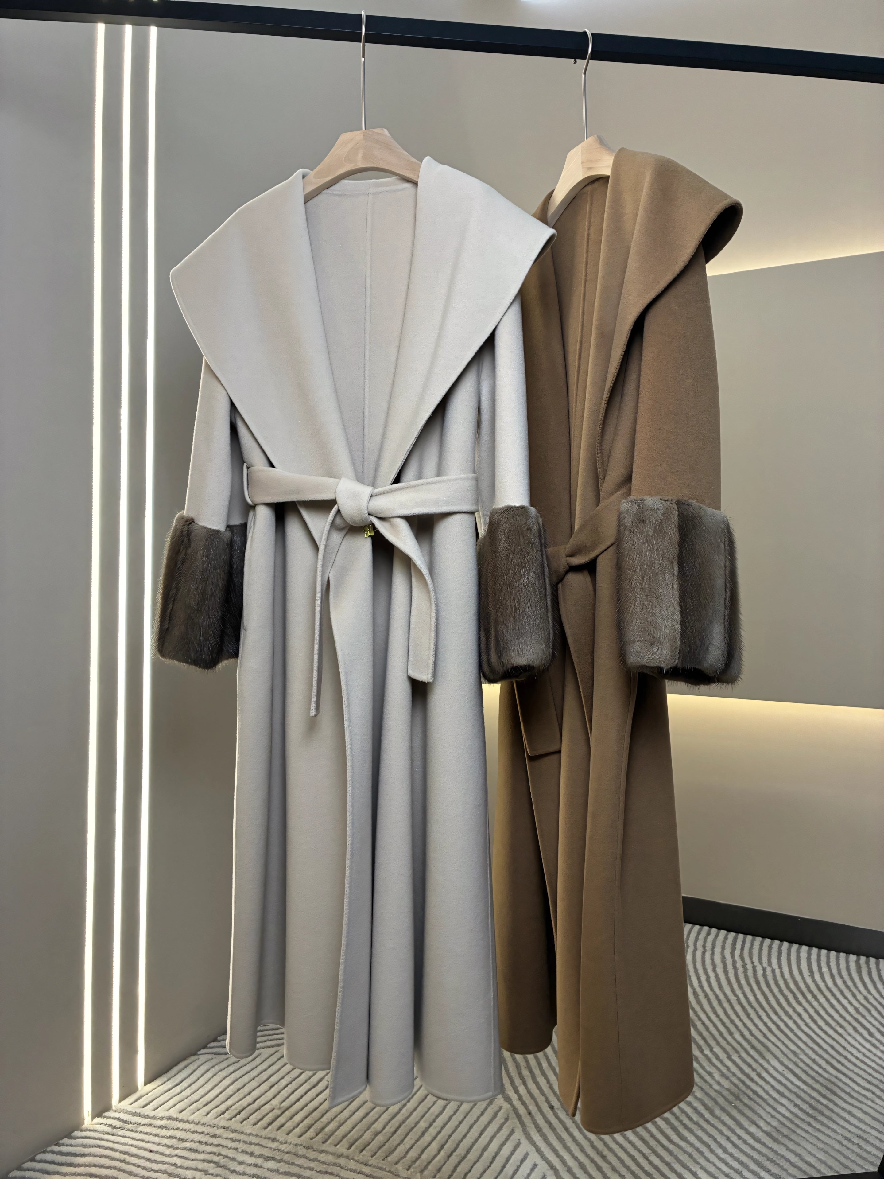 Mink-sleeved long cashmere coat