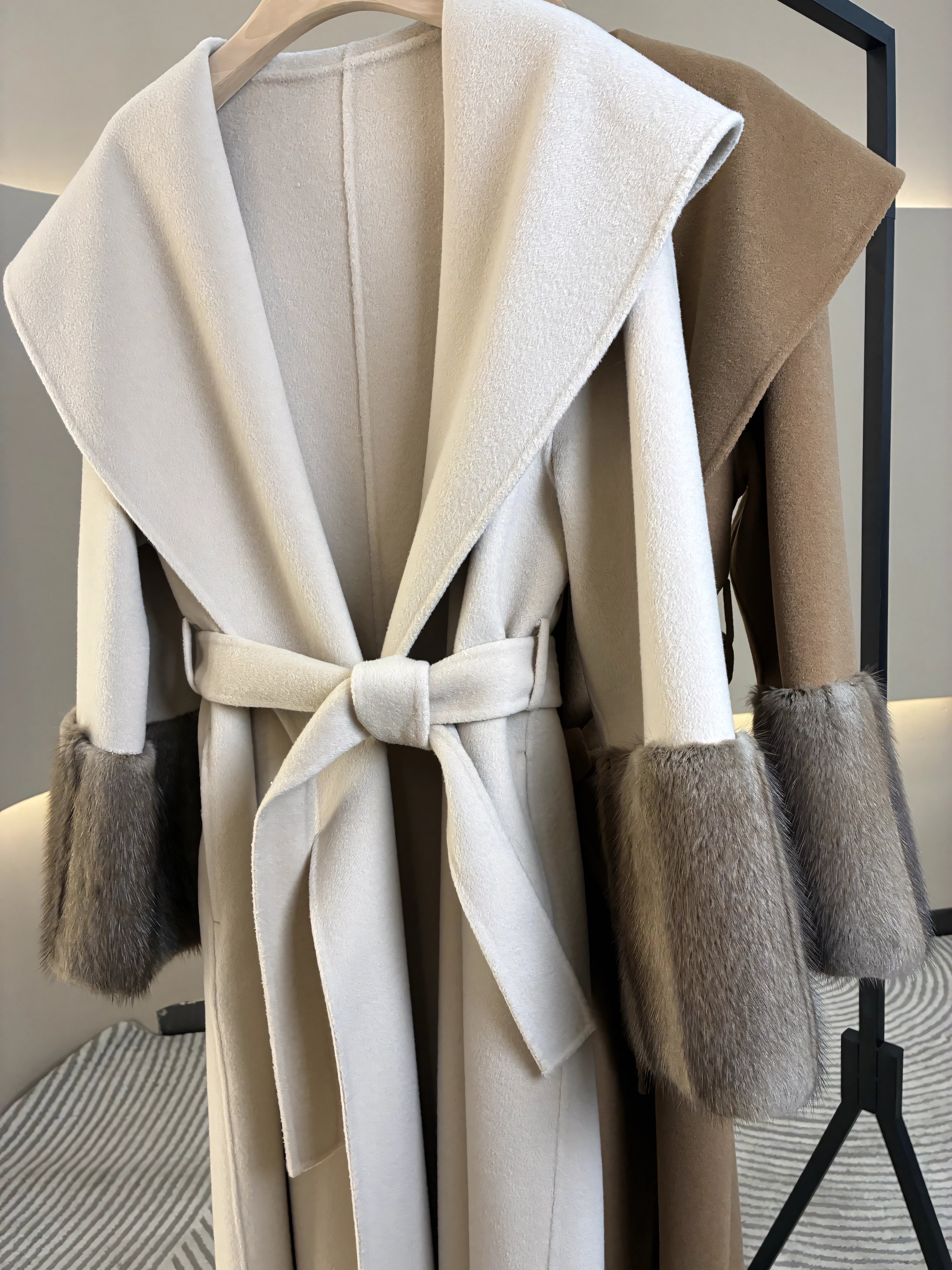 Mink-sleeved long cashmere coat