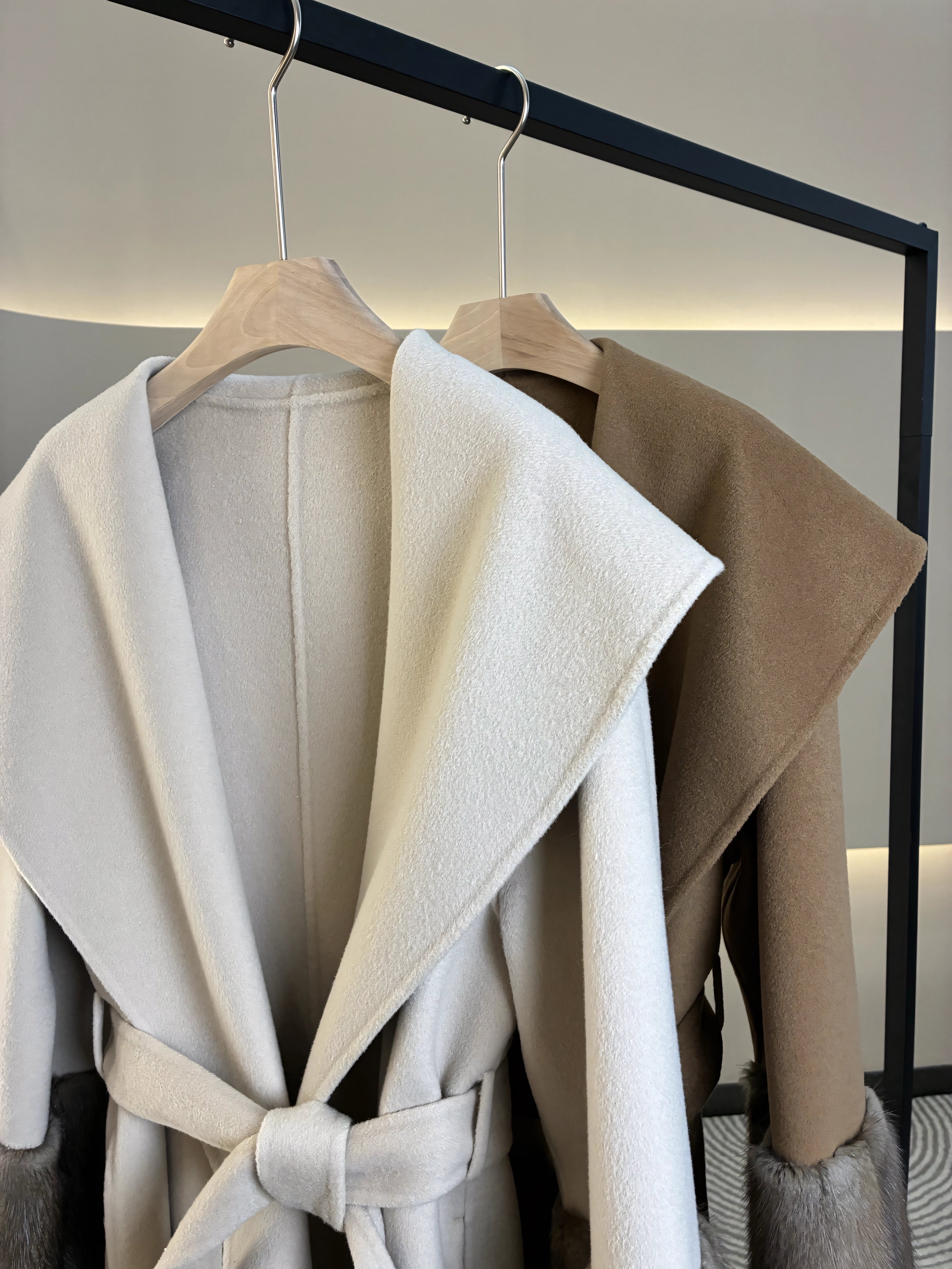 Mink-sleeved long cashmere coat