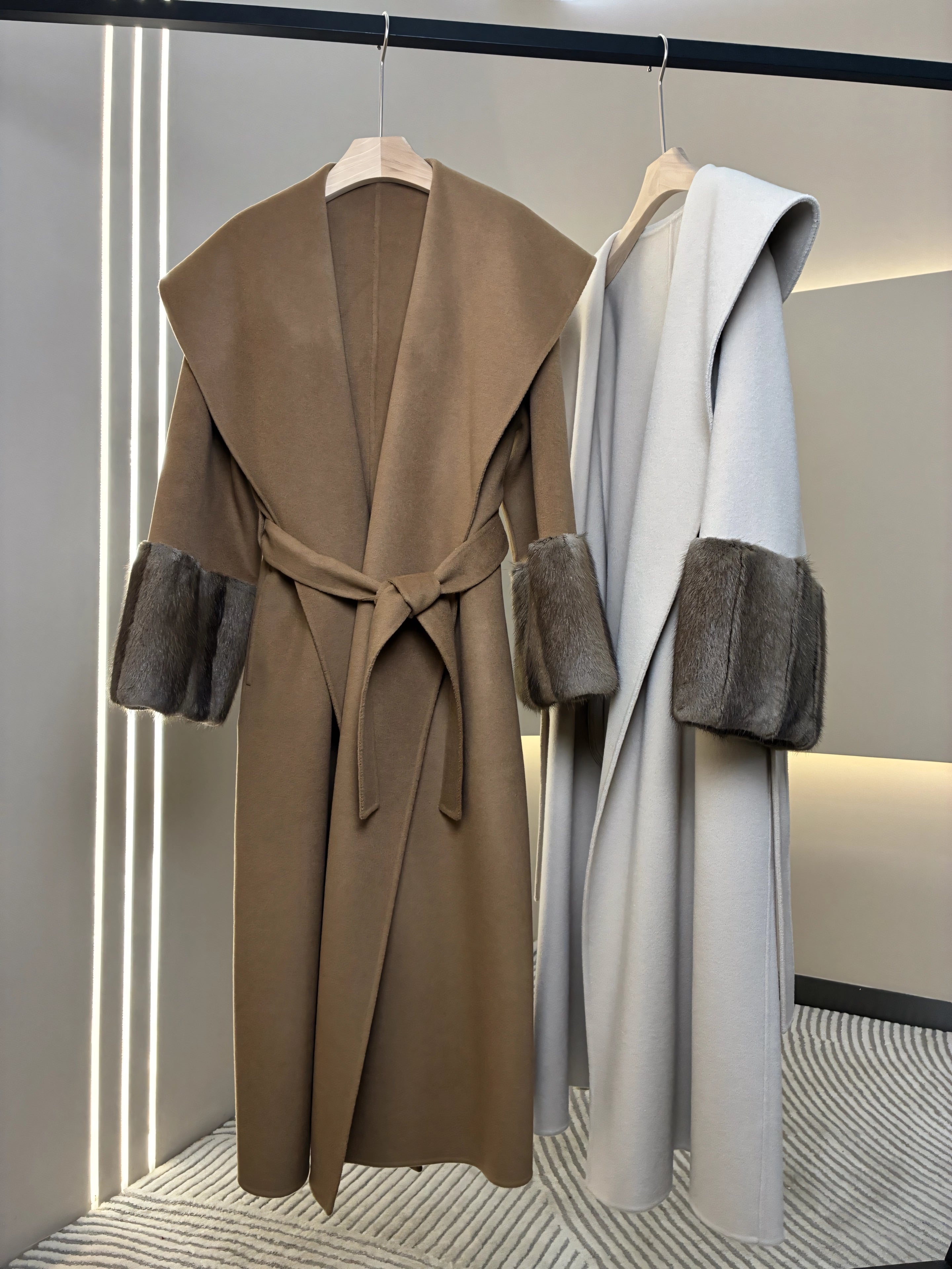Mink-sleeved long cashmere coat