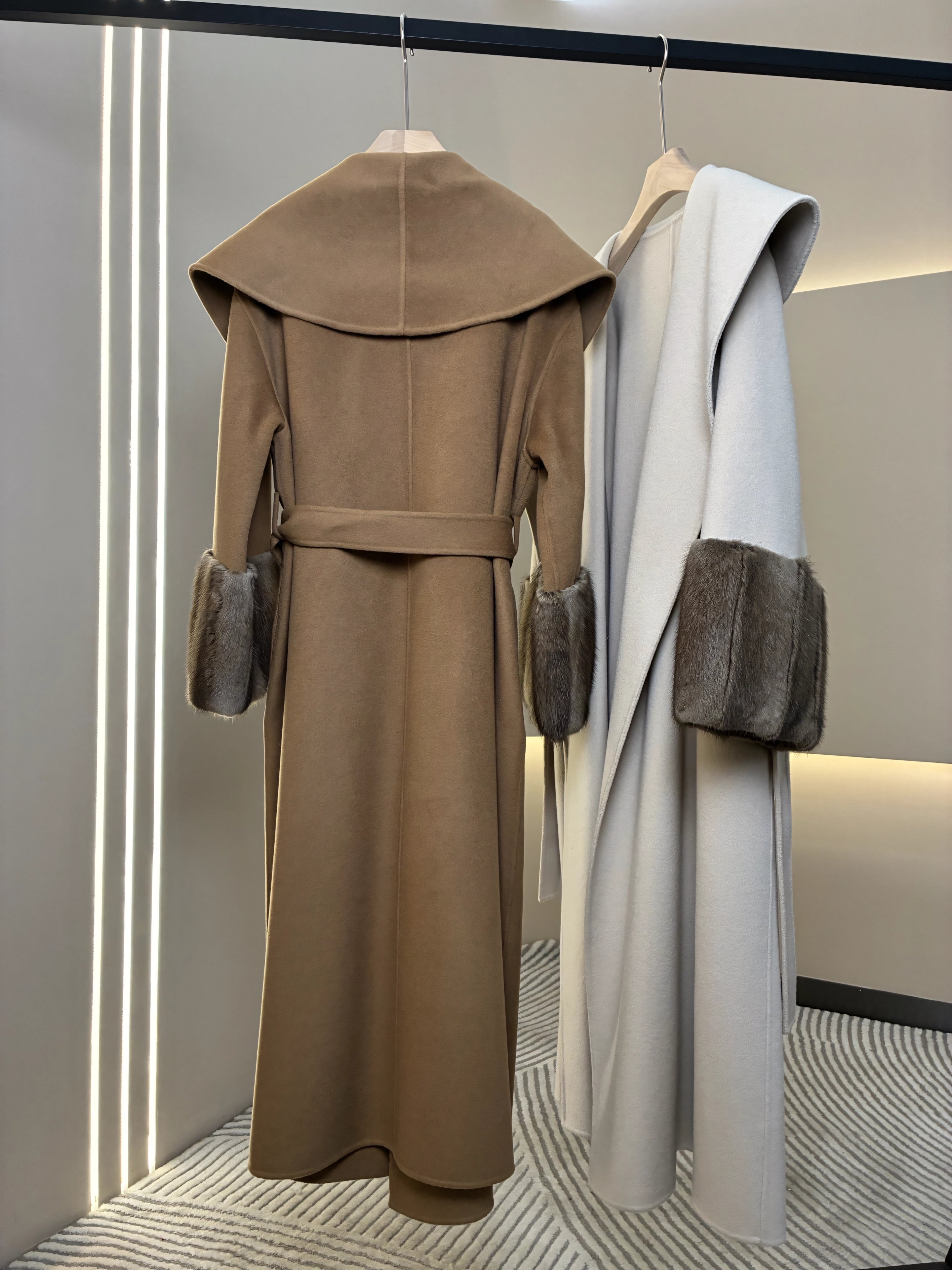 Mink-sleeved long cashmere coat
