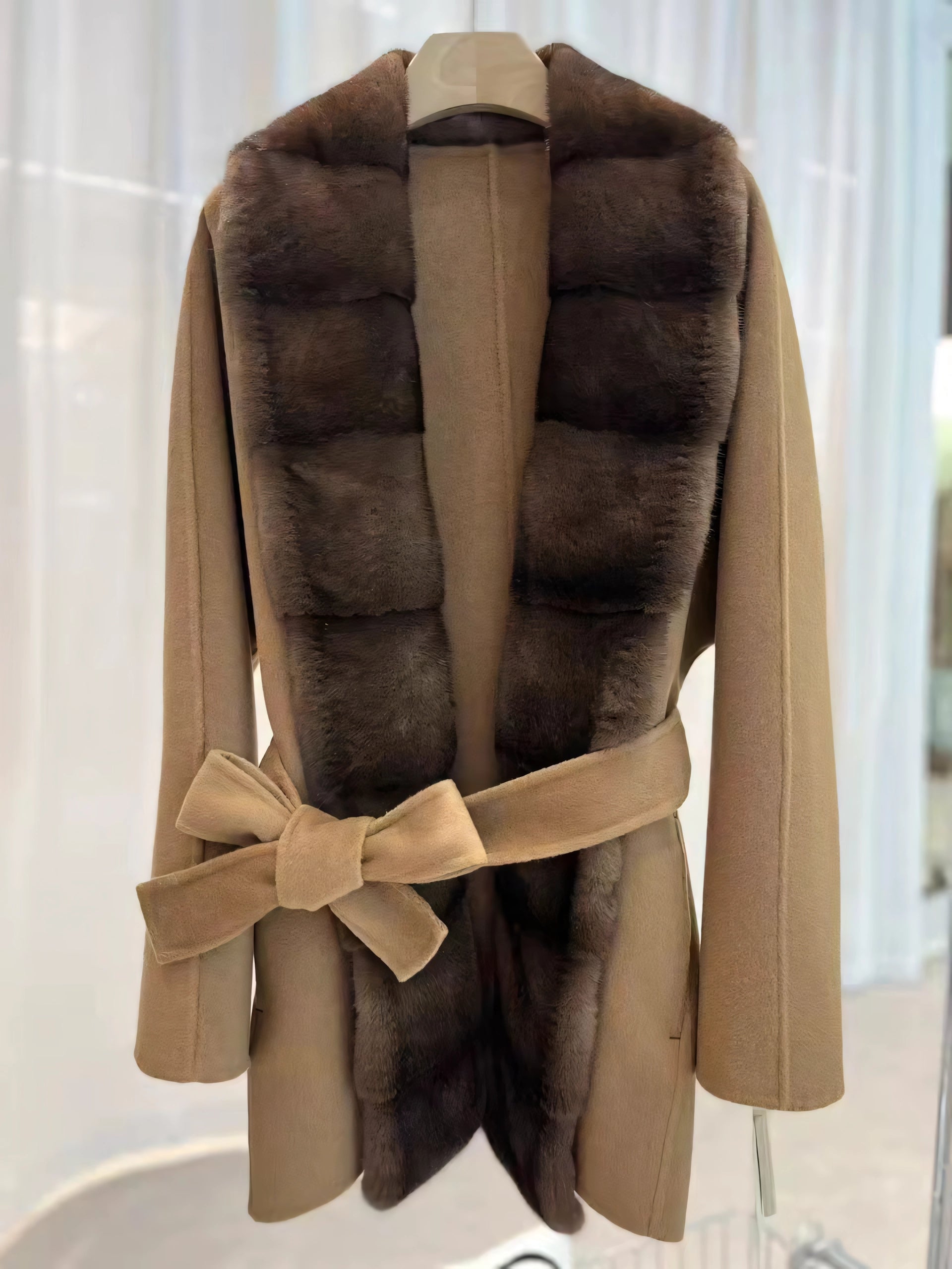Short cashmere mink coat with belt
